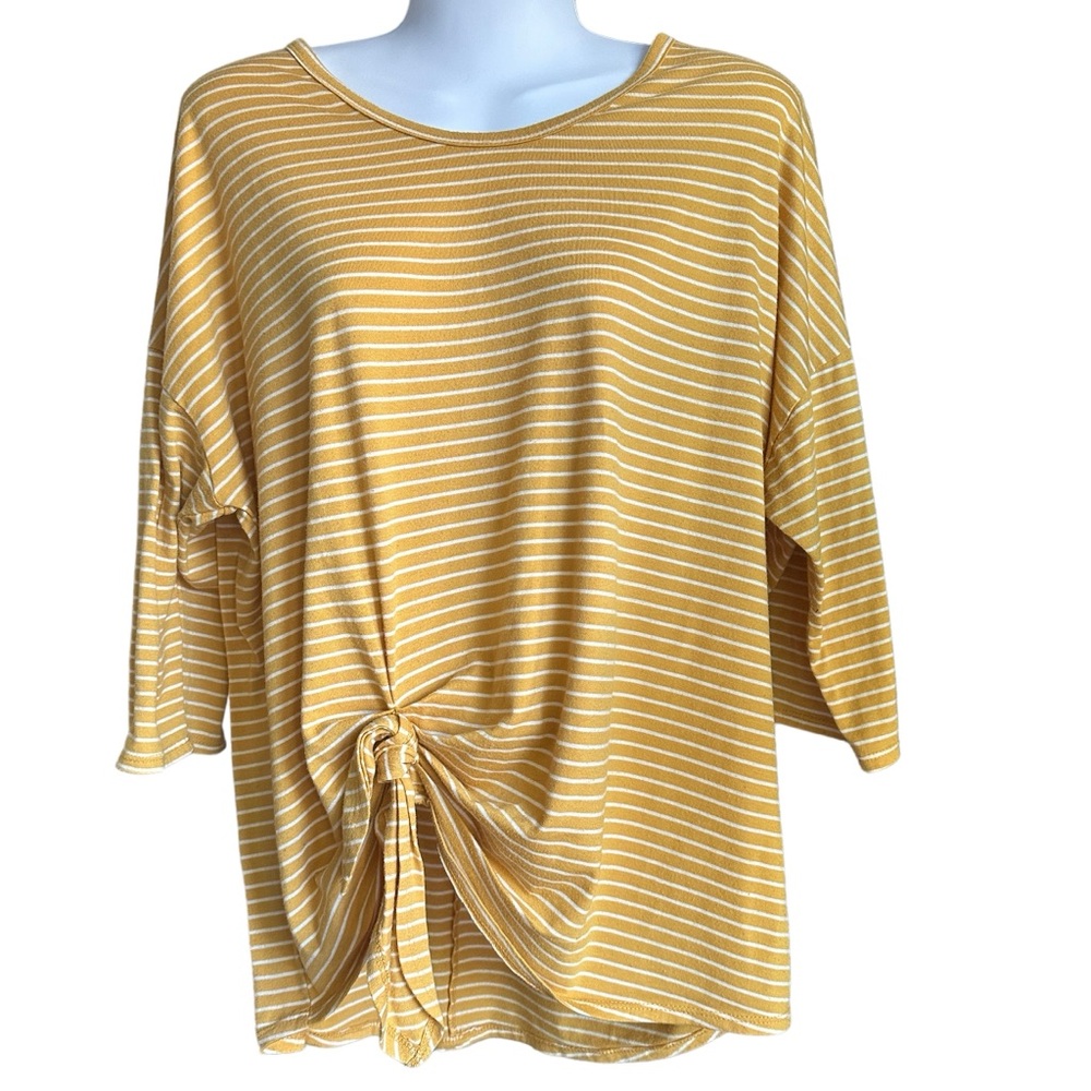 Perceptions Yellow and White Striped Front Side Knot 3/4 length T-Shirt Size L